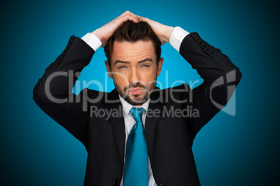 flustraded businessman on blue background ,