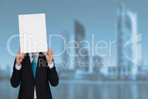 businessman holding blank poster