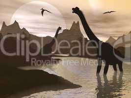 brachiosaurus dinosaurs in water - 3d render