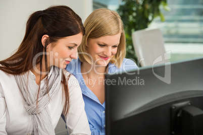 businesswomen looking at computer monitor