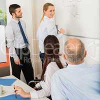 business team planning strategy on whiteboard
