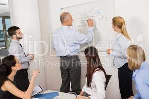 colleagues discussing strategy on whiteboard