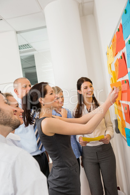 businesswoman sticking labels on whiteboard
