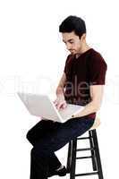 man with white laptop.