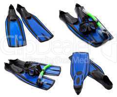 set of blue flippers, mask, snorkel for diving with water drops
