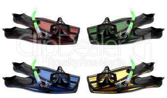 set of multicolored flippers, mask and snorkel with water drops