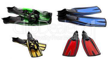 set of multicolored swim fins, masks and snorkel for diving
