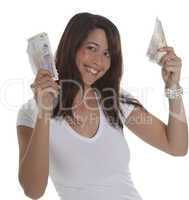 smiling woman with currency