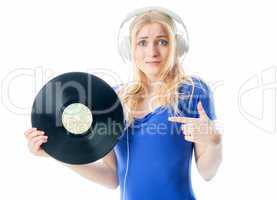 Mädchen mit Schallplatte und Kopfhörer
