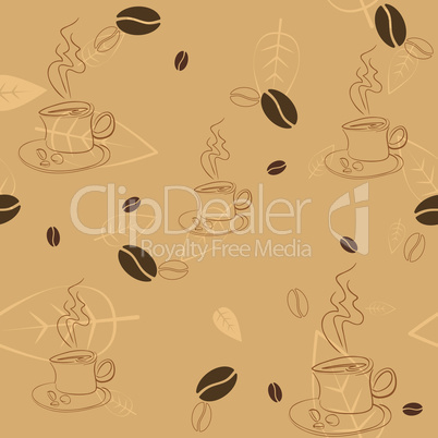 Seamless pattern with coffee beans, cups and leaves