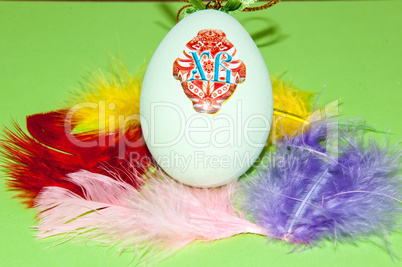 Easter egg and bird feathers