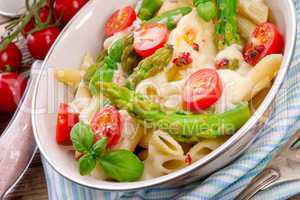 noodles with asparagus in cream-cheese sauce