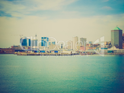 Retro look View of Genoa Italy from the sea