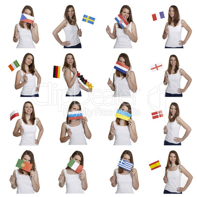 attractive woman shows european flags