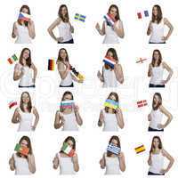 attractive woman shows european flags