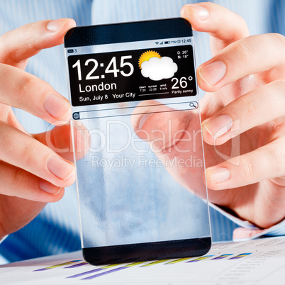 smartphone with transparent screen in human hands.