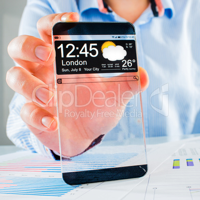 smartphone with transparent screen in human hands.