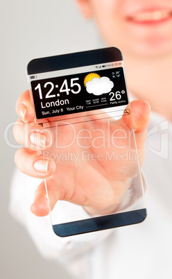 Smartphone with transparent screen in human hands.