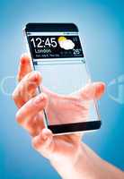 smartphone with transparent screen in human hands.