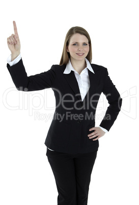 business woman points at something on the top of the image. isolated on white background.