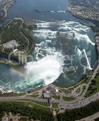 aerial niagara falls with rainbow