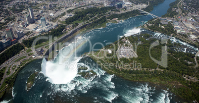 aerial niagara falls with rainbow