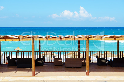The terrace near beach on Ionian Sea at luxury hotel, Peloponnes
