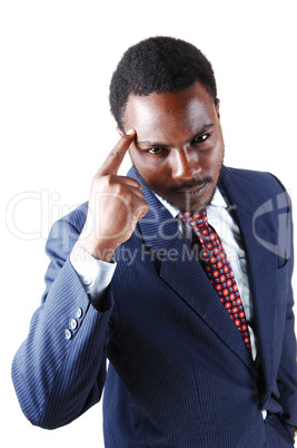 black man with finger on head.