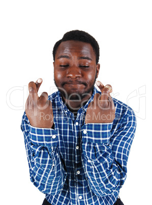 black man crossing finger.