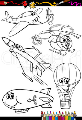 cartoon aircraft set for coloring book