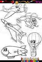 cartoon aircraft set for coloring book