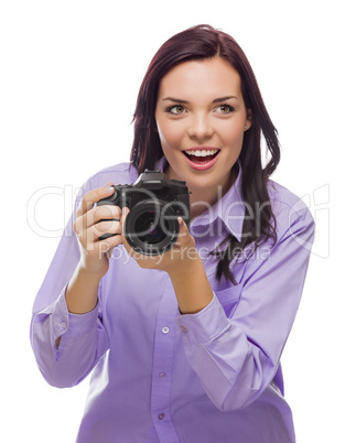 Attractive Mixed Race Young woman With DSLR Camera on White