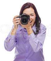 Attractive Mixed Race Young woman With DSLR Camera on White