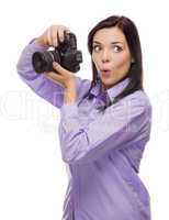 Attractive Mixed Race Young woman With DSLR Camera on White