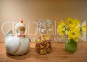 Chicken ornament, pasta and daffodils