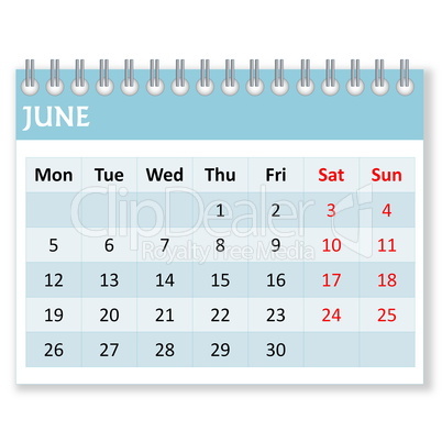 calendar sheet for june