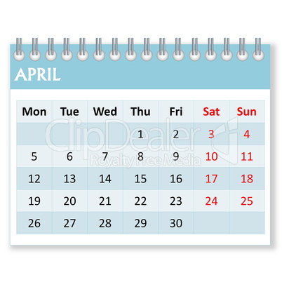 calendar sheet for april