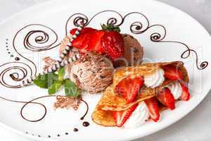 strawberry pancake with ice cream