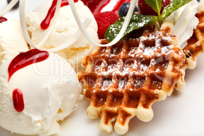 restaurant dessert with waffles and ice-cream