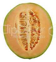 half of an orange honeydew melon
