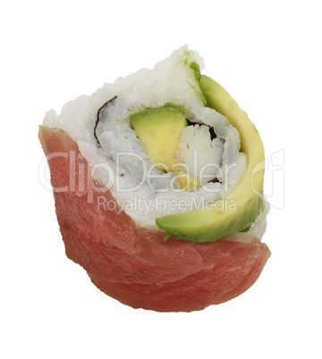 sushi roll with red fish and avocado