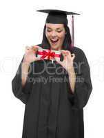 Female Graduate Holding Stack of Gift Wrapped Hundred Dollar Bil