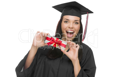 Female Graduate Holding Stack of Gift Wrapped Hundred Dollar Bil