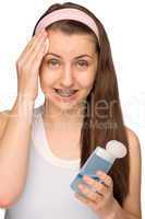 girl with braces cleaning face isolated