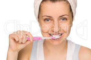 girl with braces brushing teeth isolated