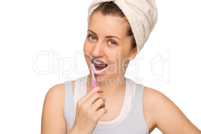 girl with braces brushing teeth isolated