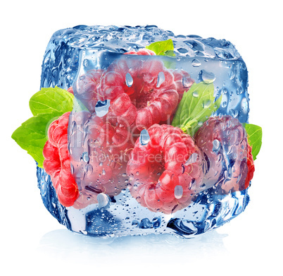 Raspberry in ice with drops