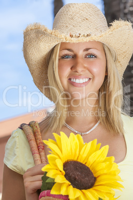 beautiful girl woman straw hat & sunflowers