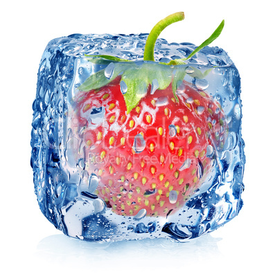 Strawberry in ice with drops
