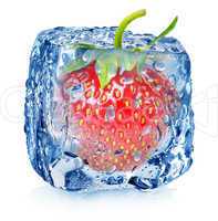 Strawberry in ice with drops